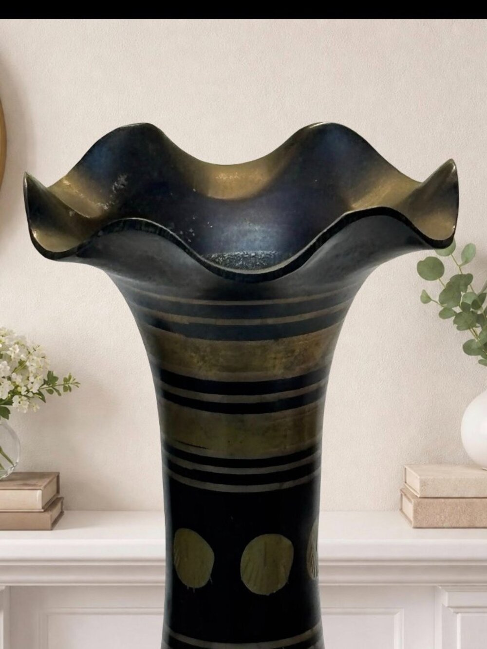 Handmade Black & Gold Floral Brass Vase With Flared Rim & Pedestal Base - Made I - Picture 5 of 8